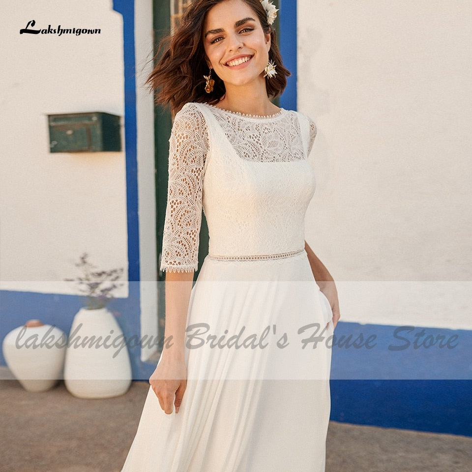 Lakshmigown Simple Boho Bridal Floor Length Wedding Dress Half Sleeves 2021 Robe de Plage Chiffon Beach Wedding Gowns Open Back