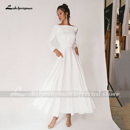 Lakshmigown Simple Short Wedding Dresses Long Sleeves Ankle-Length A-Line Bride Dresses Pleated Wedding Gowns with Pocket - ROYCEBRIDAL OFFICIAL STORE