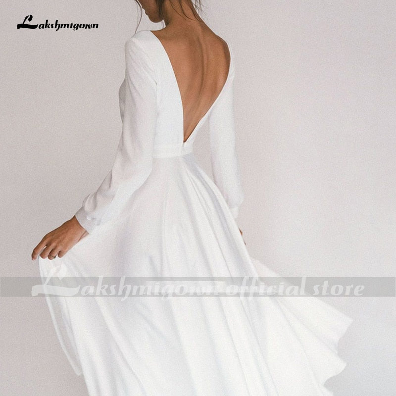 Lakshmigown Simple Short Wedding Dresses Long Sleeves Ankle-Length A-Line Bride Dresses Pleated Wedding Gowns with Pocket - ROYCEBRIDAL OFFICIAL STORE