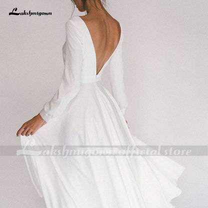 Lakshmigown Simple Short Wedding Dresses Long Sleeves Ankle-Length A-Line Bride Dresses Pleated Wedding Gowns with Pocket - ROYCEBRIDAL OFFICIAL STORE