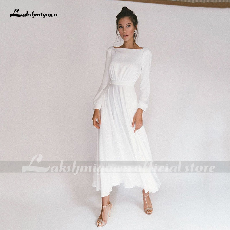 Lakshmigown Simple Short Wedding Dresses Long Sleeves Ankle-Length A-Line Bride Dresses Pleated Wedding Gowns with Pocket