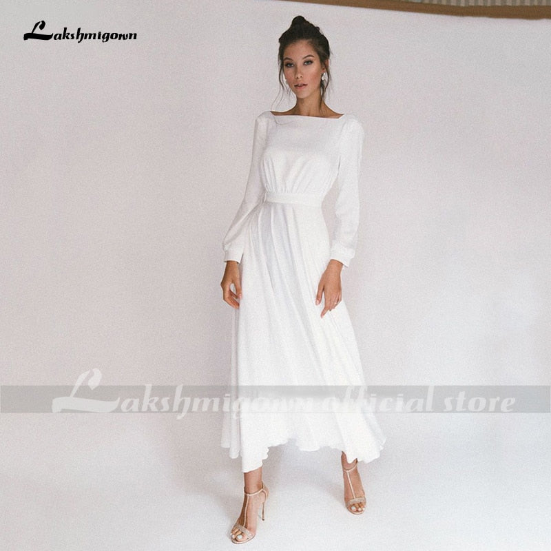 Lakshmigown Simple Short Wedding Dresses Long Sleeves Ankle-Length A-Line Bride Dresses Pleated Wedding Gowns with Pocket - ROYCEBRIDAL OFFICIAL STORE