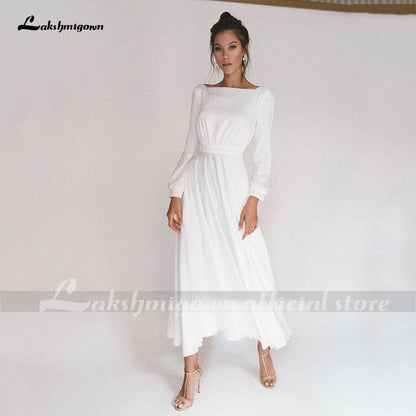 Lakshmigown Simple Short Wedding Dresses Long Sleeves Ankle-Length A-Line Bride Dresses Pleated Wedding Gowns with Pocket - ROYCEBRIDAL OFFICIAL STORE