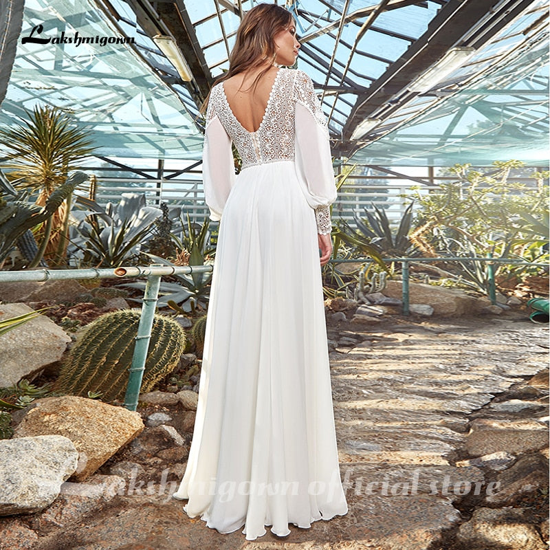 Lakshmigown Beach A Line Wedding Dress 2021 Lace Long Sleeve Sweep Train Chiffon Bridal Gowns with Zipper Back vestido de novia