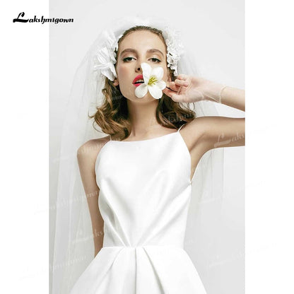 Simple Soft Satin A-Line Wedding Dresses Boat Neck Sleeveless Spaghetti Straps Corset Sexy Open Back Mid-Calf Bride Gowns Pleats - ROYCEBRIDAL OFFICIAL STORE