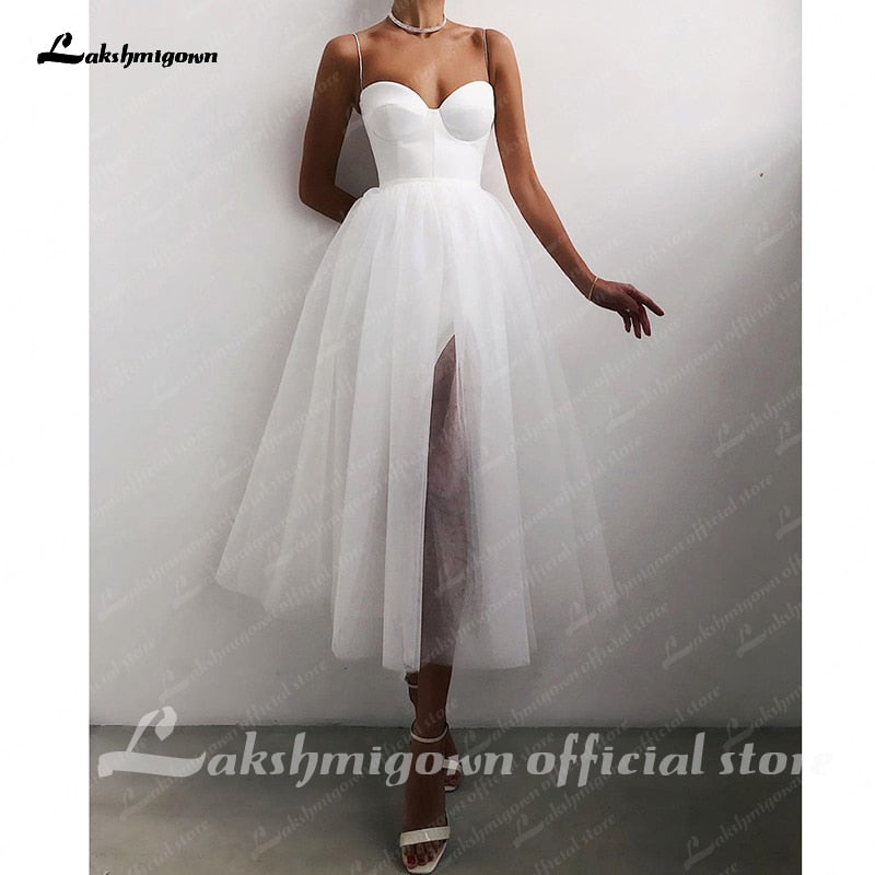 Cheap A Line Short Wedding Dress 2021 Spaghetti Straps Simple Bride Dresses Tea Length Weddin Party Gowns