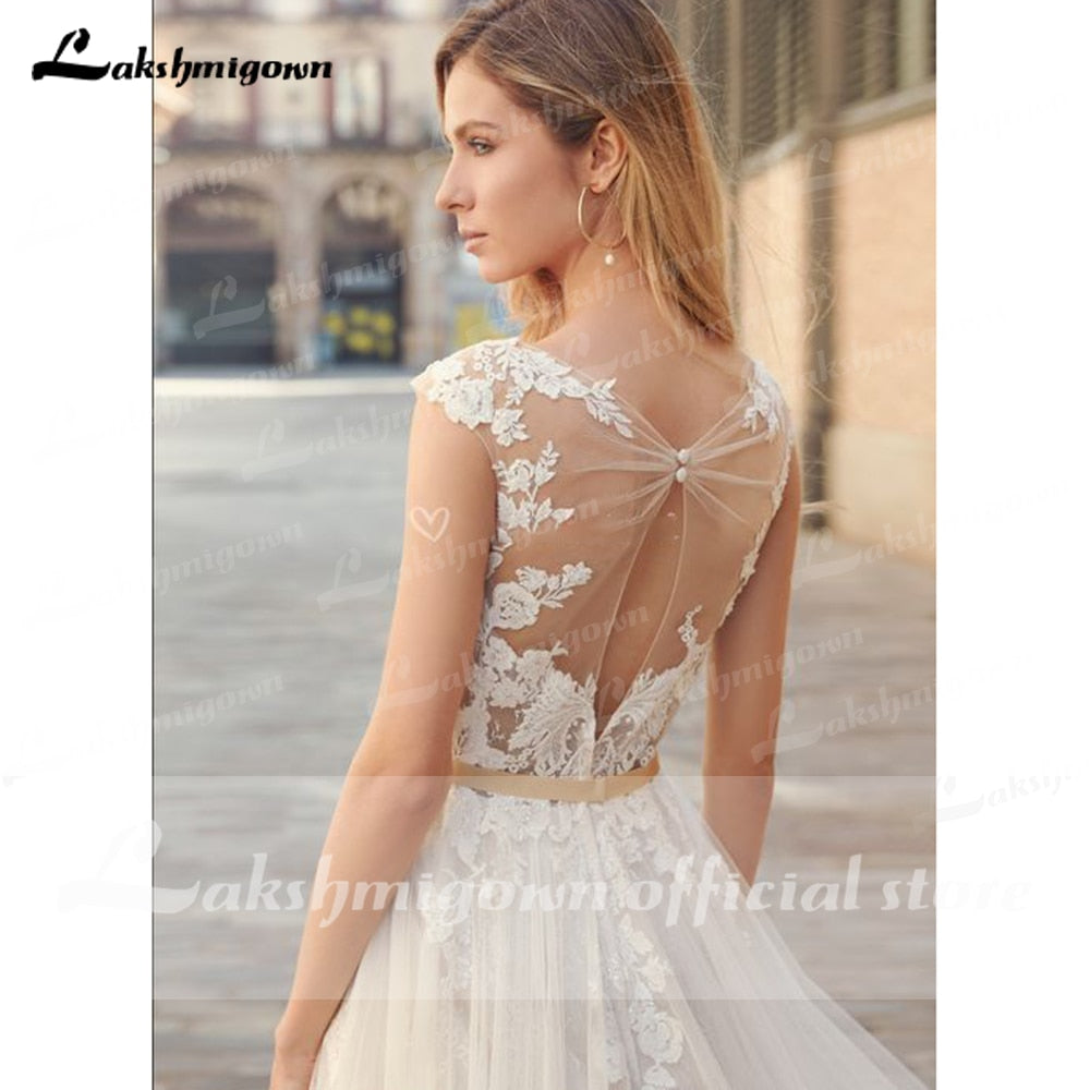 2022 Country Boho Wedding Dress For Women robe de mariée A Line Lace Tulle Wedding Gowns Open Back Off White New Real Photo
