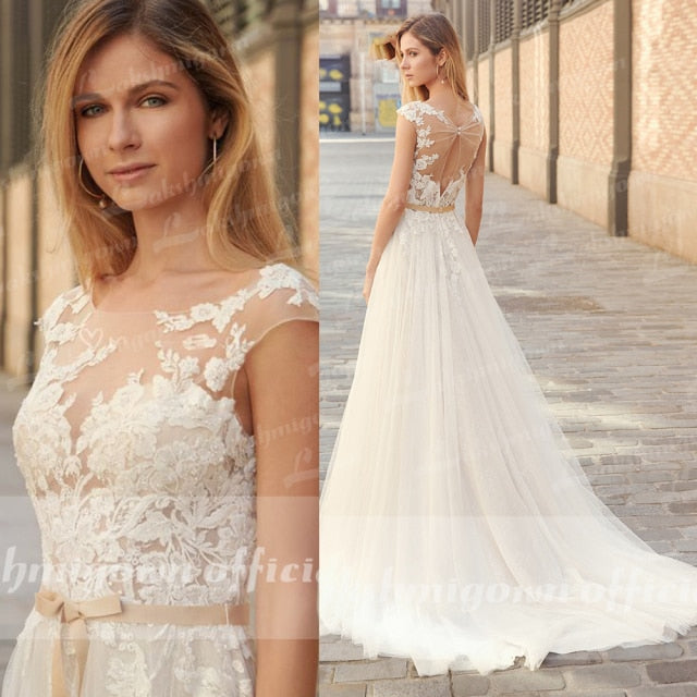 2022 Country Boho Wedding Dress For Women robe de mariée A Line Lace Tulle Wedding Gowns Open Back Off White New Real Photo