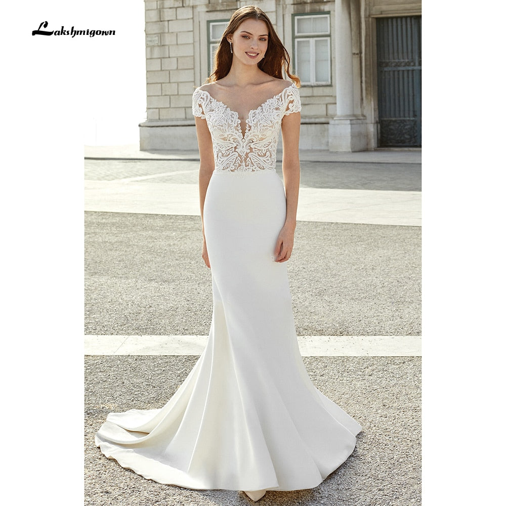 Elegant Satin Mermaid Wedding Dress Simple Chic Bridal Gown White Plus Size Beach Bohemian Bride Dresses Robe De Mariee - ROYCEBRIDAL OFFICIAL STORE