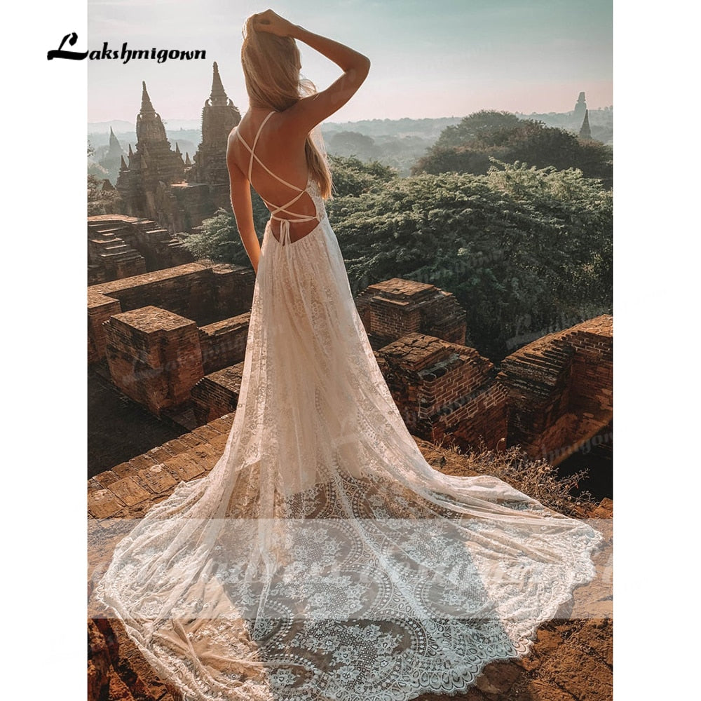 Vestido Summer Boho Wedding Dresses Criss-cross Strap Floral Embroidery Bodice Lace Beach Sexy Simple Wedding Bridal Gown 2022