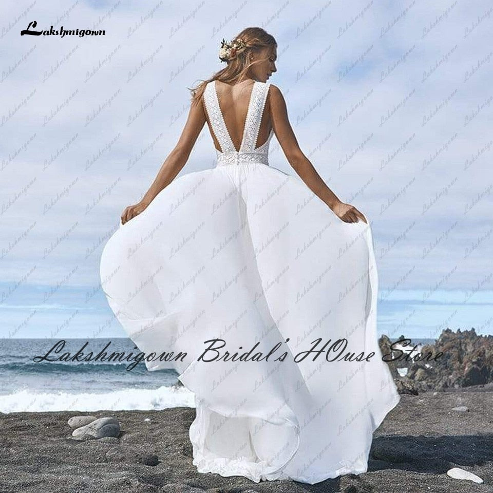 Lakshmigown Sexy Bridal Boho Wedding Dress Beach Summer 2022 Boda Plunging Backless Civil Women A Line Wedding Dresses