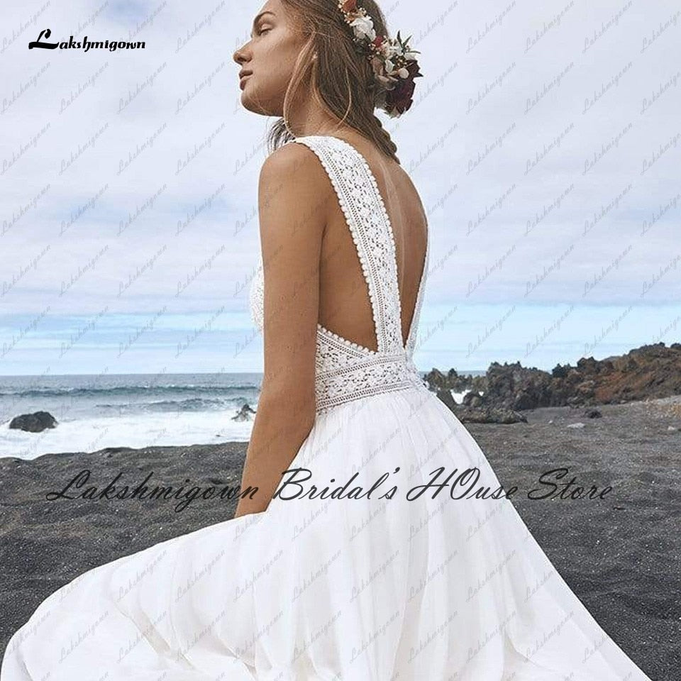 Lakshmigown Sexy Bridal Boho Wedding Dress Beach Summer 2022 Boda Plunging Backless Civil Women A Line Wedding Dresses