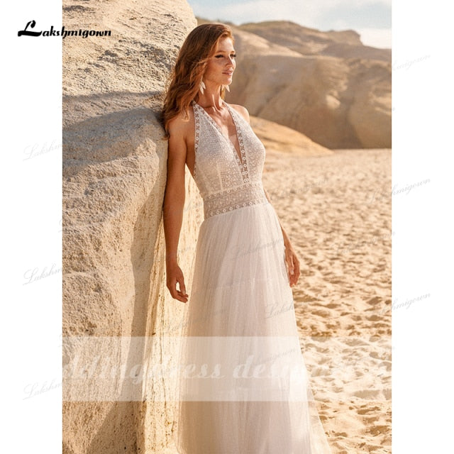 Bohemian Boho Wedding Dresses 2021 Halter Backless Vestido Novia Lace Beach Bridal Dress Simple Wedding Gown robe de mariee