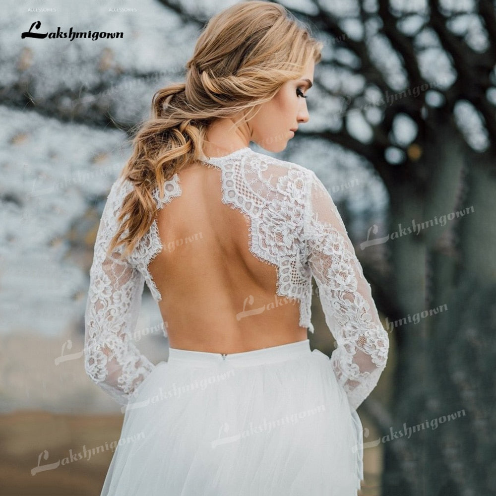 Two Piece Tulle A-Line Boho Wedding Dresses O-Neck Long Sleeve Sexy Open Back Sweep/Brush Train Bride Gowns Appliques Pleat Lace - ROYCEBRIDAL OFFICIAL STORE