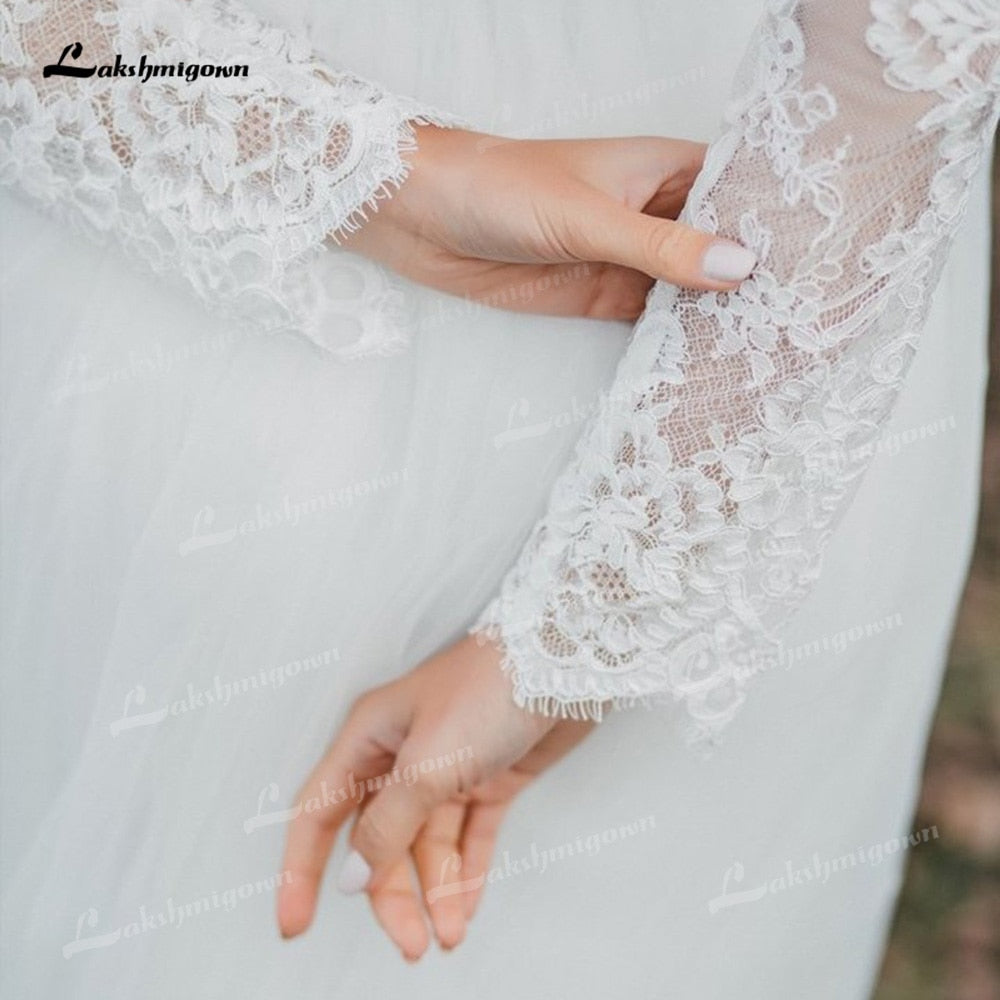 Two Piece Tulle A-Line Boho Wedding Dresses O-Neck Long Sleeve Sexy Open Back Sweep/Brush Train Bride Gowns Appliques Pleat Lace - ROYCEBRIDAL OFFICIAL STORE