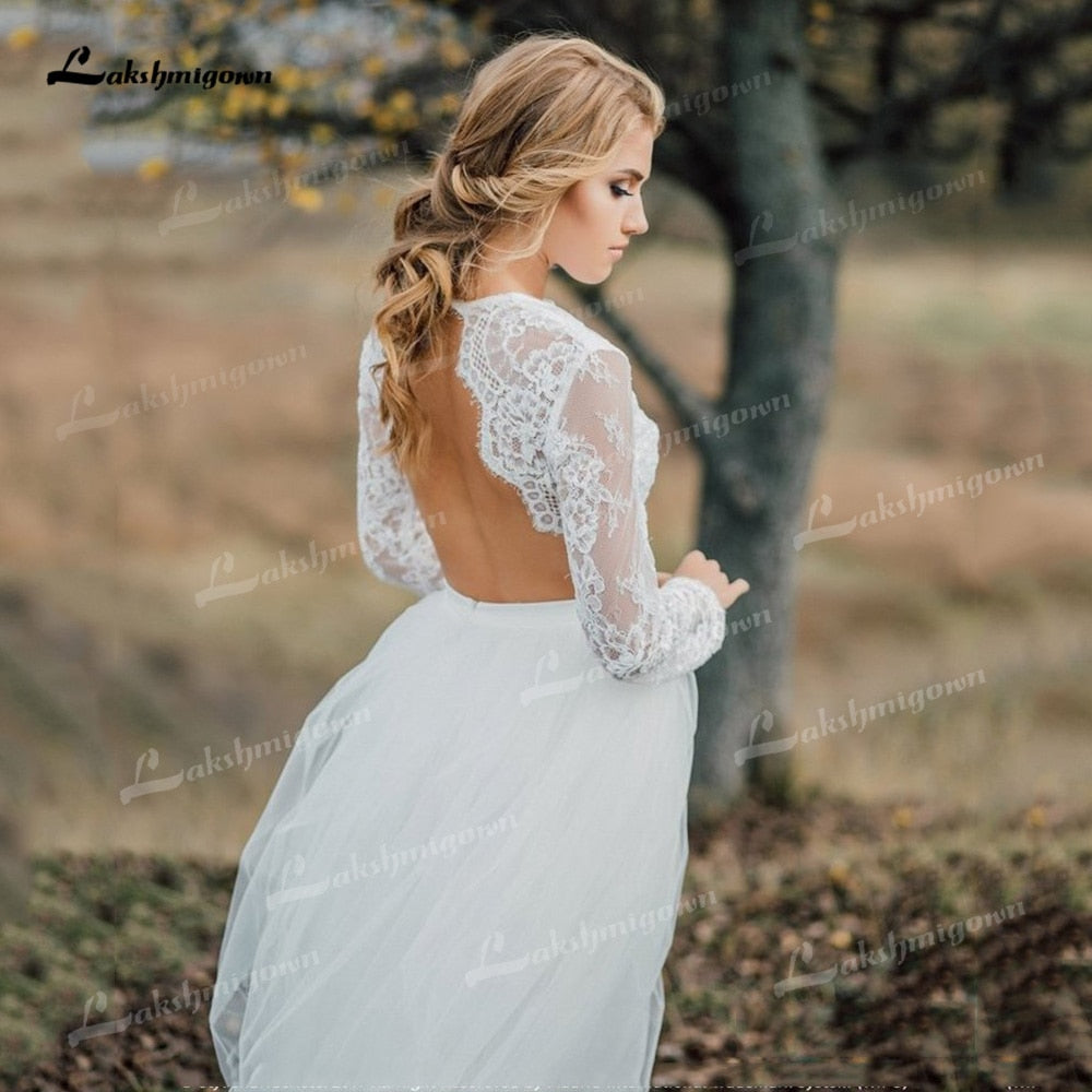 Two Piece Tulle A-Line Boho Wedding Dresses O-Neck Long Sleeve Sexy Open Back Sweep/Brush Train Bride Gowns Appliques Pleat Lace