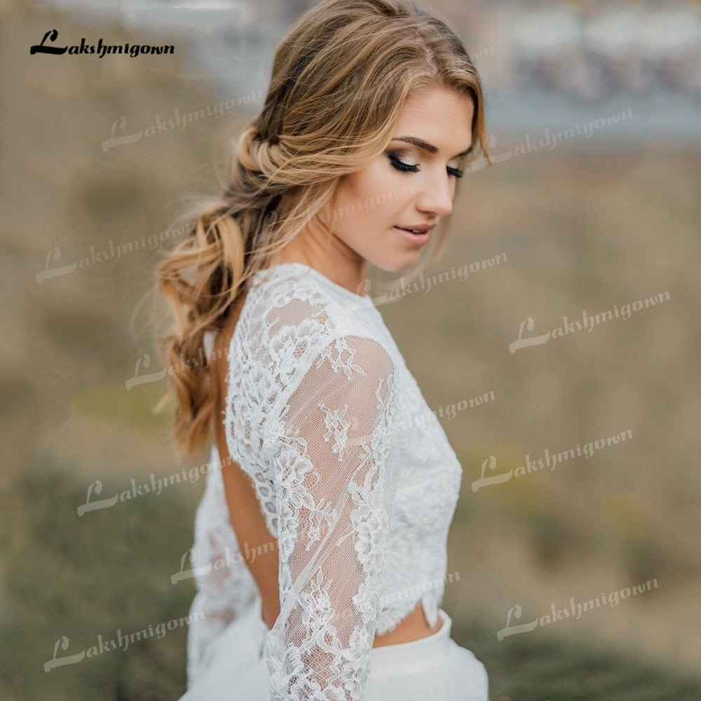 Two Piece Tulle A-Line Boho Wedding Dresses O-Neck Long Sleeve Sexy Open Back Sweep/Brush Train Bride Gowns Appliques Pleat Lace - ROYCEBRIDAL OFFICIAL STORE