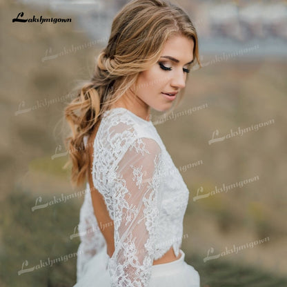 Two Piece Tulle A-Line Boho Wedding Dresses O-Neck Long Sleeve Sexy Open Back Sweep/Brush Train Bride Gowns Appliques Pleat Lace - ROYCEBRIDAL OFFICIAL STORE