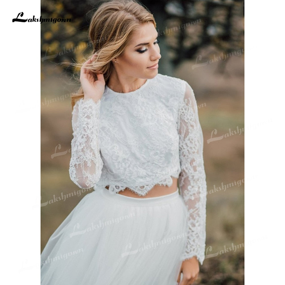 Two Piece Tulle A-Line Boho Wedding Dresses O-Neck Long Sleeve Sexy Open Back Sweep/Brush Train Bride Gowns Appliques Pleat Lace - ROYCEBRIDAL OFFICIAL STORE