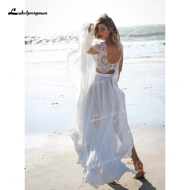 Unique Two Pieces Wedding Dresses Boat Neck Lace Top Cap-Sleeve And Chiffon Skirt Sweep Train Beach Bride Gowns robe de mariage