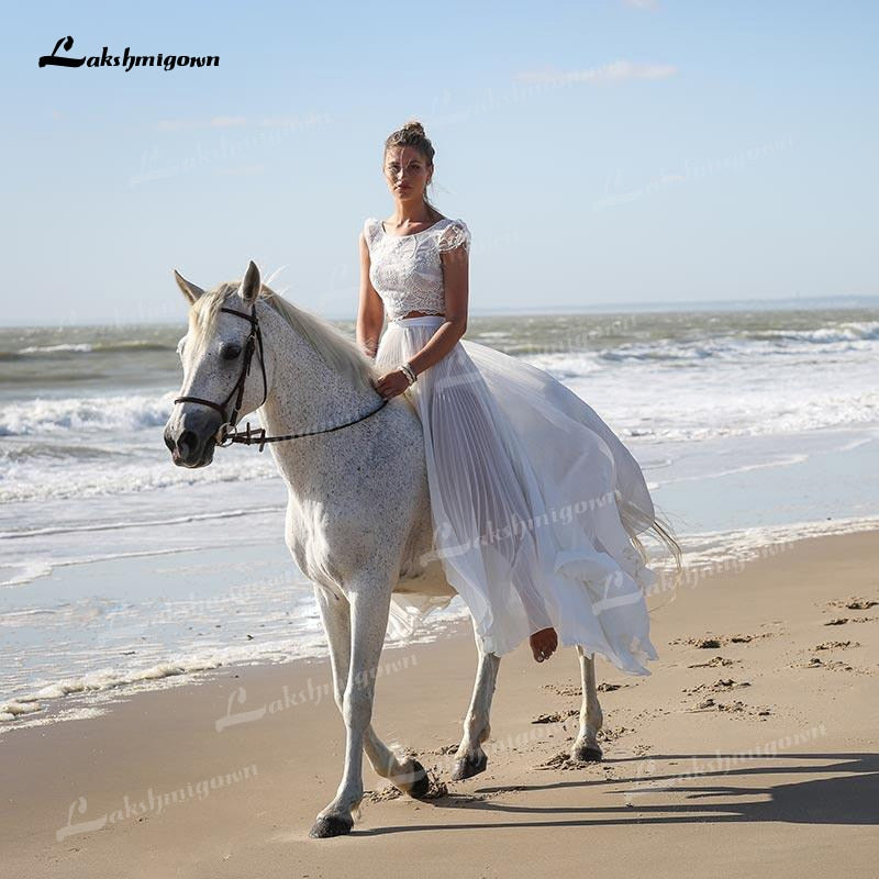 Unique Two Pieces Wedding Dresses Boat Neck Lace Top Cap-Sleeve And Chiffon Skirt Sweep Train Beach Bride Gowns robe de mariage - ROYCEBRIDAL OFFICIAL STORE