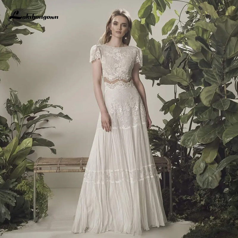 Bohemian Wedding Dress 2021 Two Pieces 2 Shorts Sleeve Floor Length Beach Bridal Gown Simple Chiffon For Women High Quality