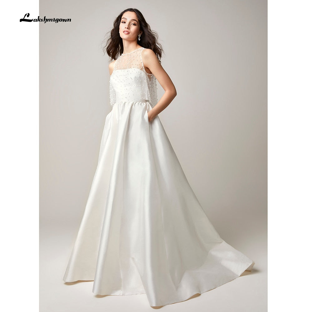 Two Pieces Wedding Dresses 2022 Pearls Top Bridal Gown Jewel Neck Beach Satin Wedding Gown Vestidos De Novia