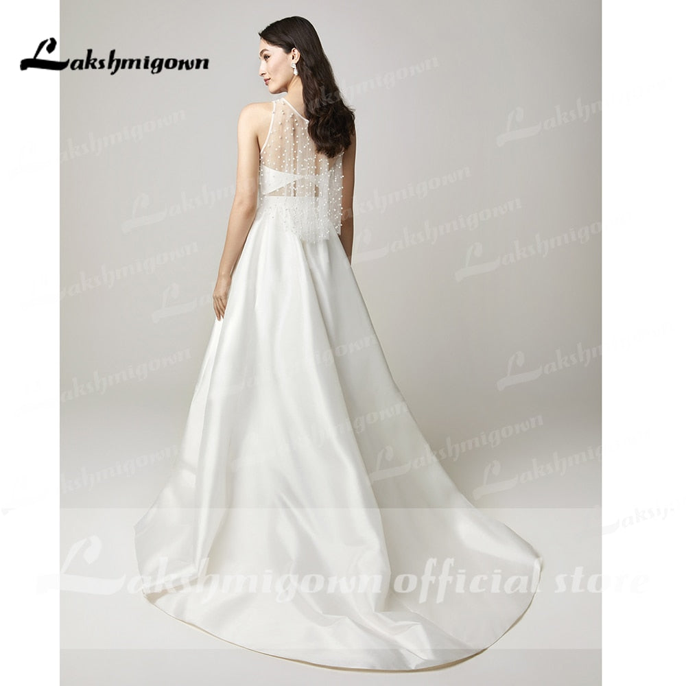Two Pieces Wedding Dresses 2022 Pearls Top Bridal Gown Jewel Neck Beach Satin Wedding Gown Vestidos De Novia - ROYCEBRIDAL OFFICIAL STORE