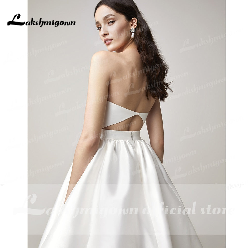 Two Pieces Wedding Dresses 2022 Pearls Top Bridal Gown Jewel Neck Beach Satin Wedding Gown Vestidos De Novia - ROYCEBRIDAL OFFICIAL STORE