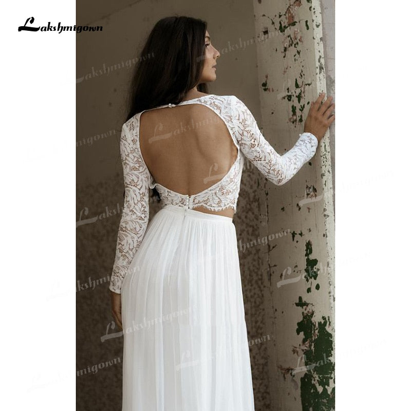 Two Piece A-Line Wedding Dresses Boat Neck Lace Corset Illusion Long Sleeve Sexy Open Back Sweep/Brush Train Chiffon Bride Gowns
