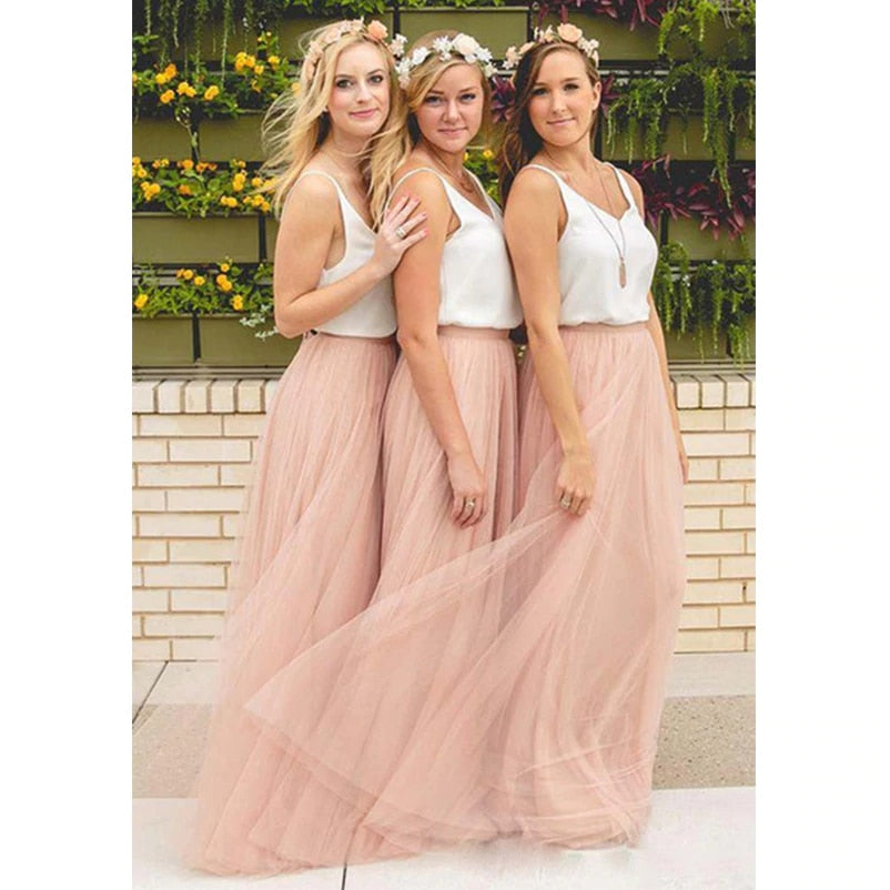 Cheap Two Tones Bridesmaid Dresses Tulle White and Blush Blue Prom Dresses Maxi Skirt Party Gown Wedding Guest Dress