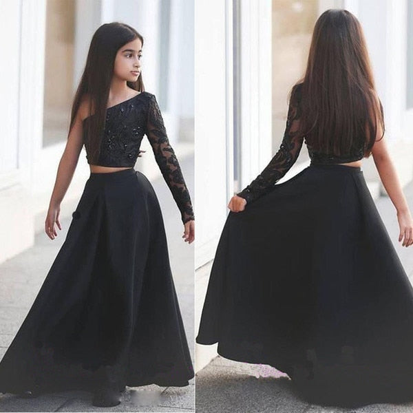 Girls Pageant Dresses Black One Shoulder Long Sleeve Two Piece Kids Prom Dresses A Line Beaded Sexy Flower Girl Arabic robe