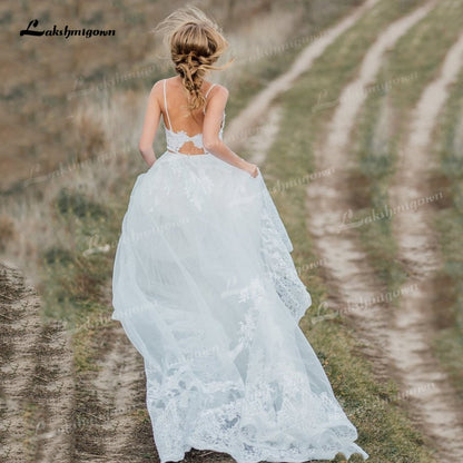 Two Piece Tulle A-Line Boho Wedding Dresses V-Neck Spaghetti Straps Backless Sleeveless Chapel Train Bride Gowns Appliques Pleat - ROYCEBRIDAL OFFICIAL STORE