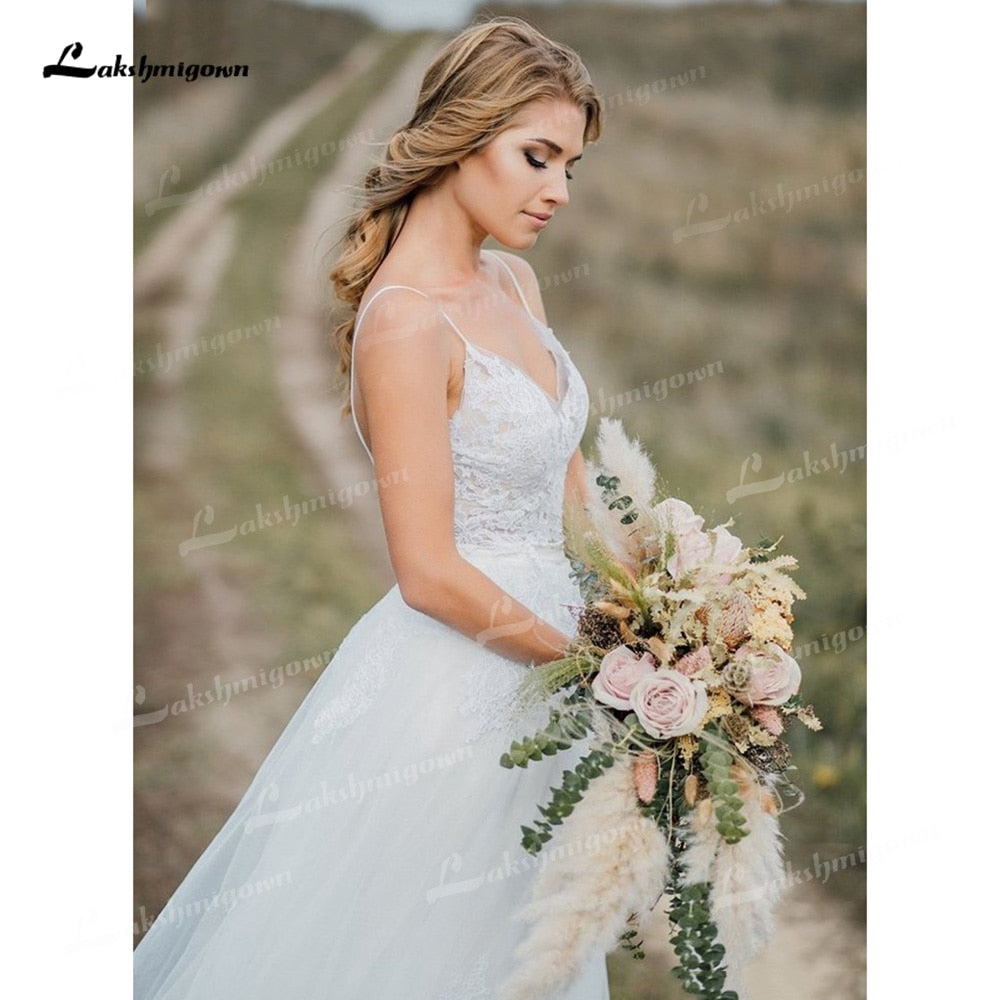 Two Piece Tulle A-Line Boho Wedding Dresses V-Neck Spaghetti Straps Backless Sleeveless Chapel Train Bride Gowns Appliques Pleat - ROYCEBRIDAL OFFICIAL STORE