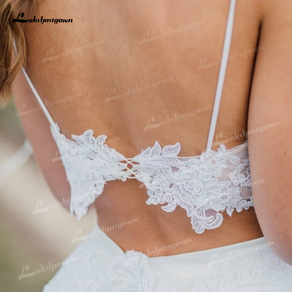 Two Piece Tulle A-Line Boho Wedding Dresses V-Neck Spaghetti Straps Backless Sleeveless Chapel Train Bride Gowns Appliques Pleat - ROYCEBRIDAL OFFICIAL STORE