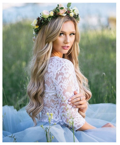 2019 Half Sleeves Wedding Dress Lace Knee Length Bride Dress Two-pieces Lace Top Beach Informal Dress Cheap Robe de mariee - ROYCEBRIDAL OFFICIAL STORE