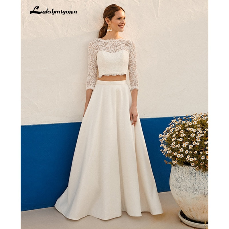 Lakshmigown Bohemian Two Pieces Wedding Dresses Lace Top Jewel Neck Holiday Country Beach Bride Gown Vestidos De Novia