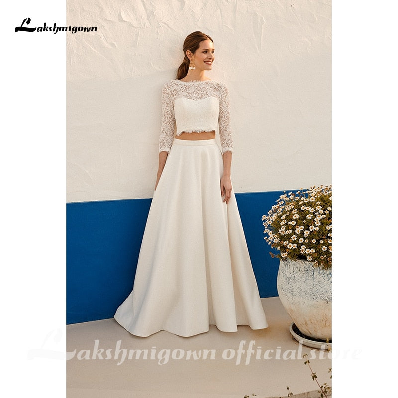 Lakshmigown Bohemian Two Pieces Wedding Dresses Lace Top Jewel Neck Holiday Country Beach Bride Gown Vestidos De Novia