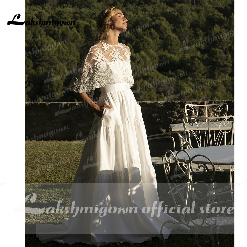 Spaghetti Straps Two Pieces Satin Lace Detachable Shawl Wedding Dresses With Back Buttons Simple Elegant vestidos de novia 2021
