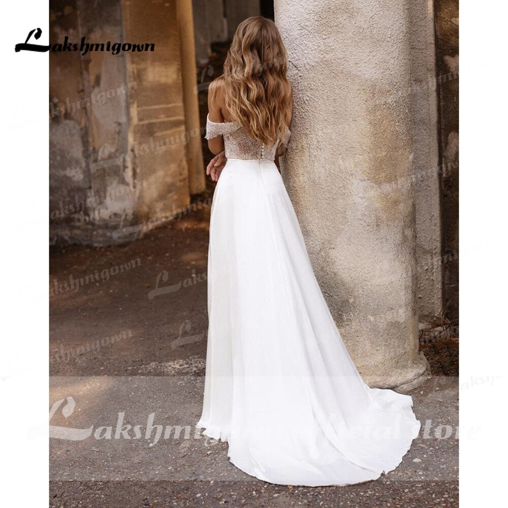 suknie weselne 2021 Newest Two Pieces High Split Off The Shoulder Wedding Dresses With Back Buttons vestidos de mujer boda