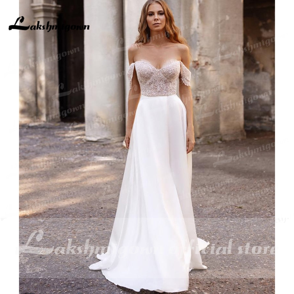 suknie weselne 2021 Newest Two Pieces High Split Off The Shoulder Wedding Dresses With Back Buttons vestidos de mujer boda