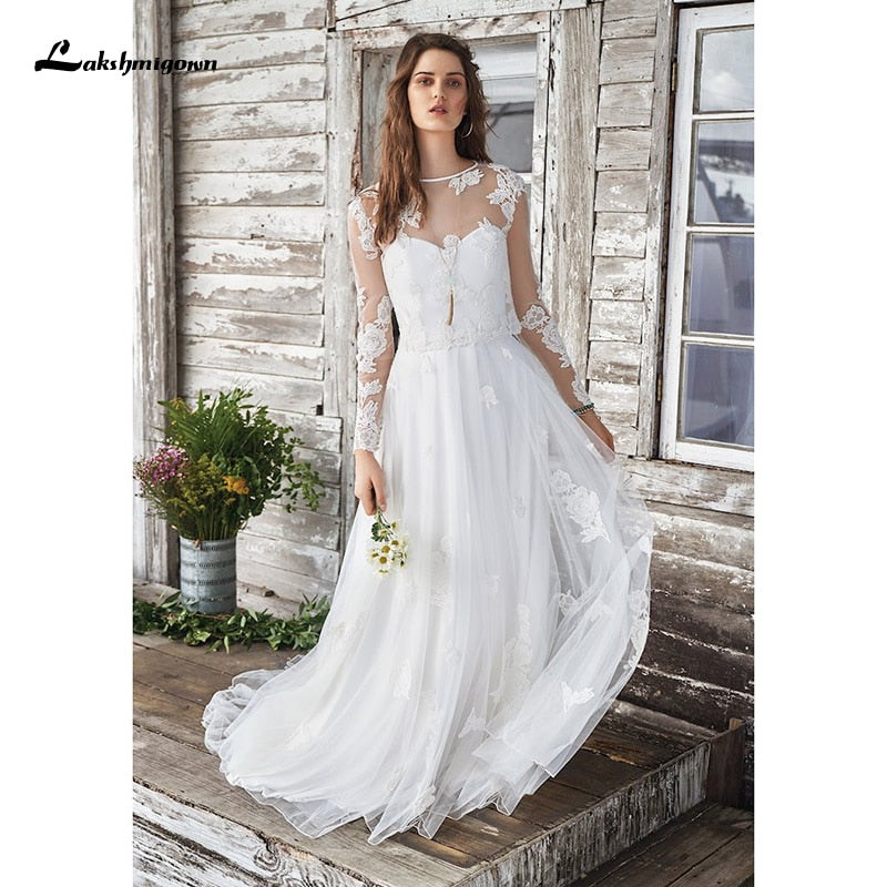 White Wedding Dress Boho Two Pieces Sexy 2021 Bridal Gown Sleeveless Floor Length With Court Train Lace Appliques Elegant