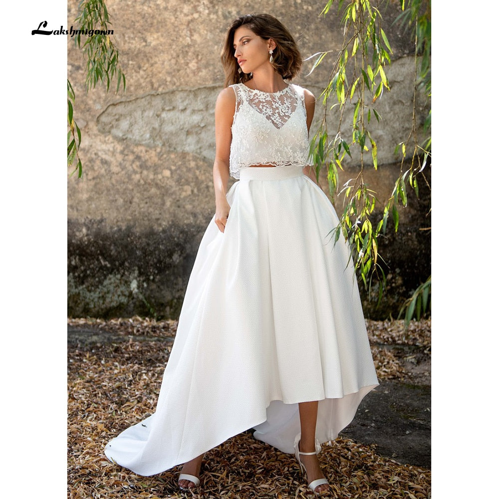 Modest Two pieces Lace Wedding Dress V Neck See-through Satin A Line Bridal Marriage Gowns Vestido de noiva
