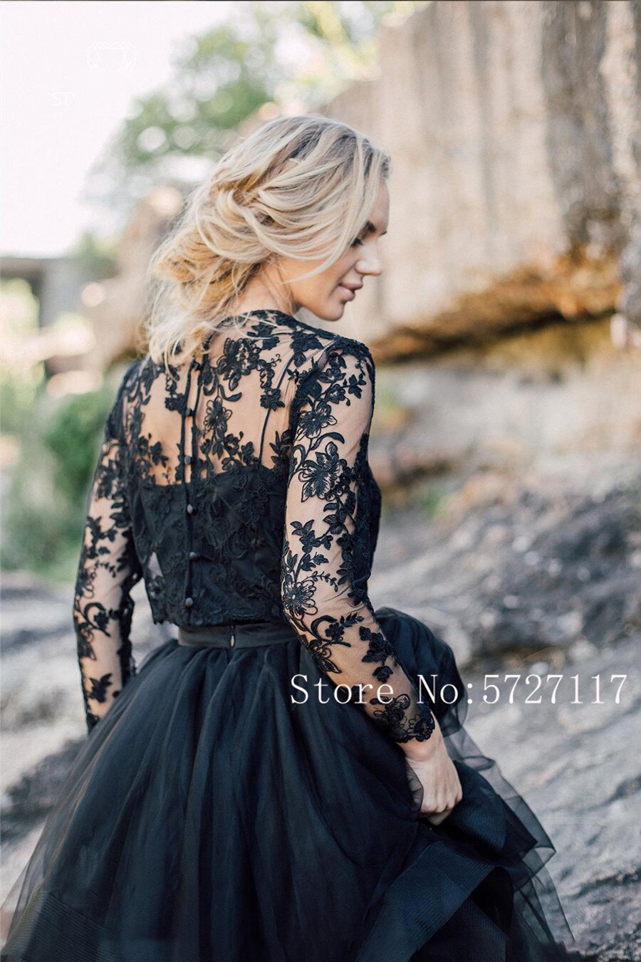 Scoop Long Sleeves A-line Outdoor Black Wedding Dress with Removable Lace Jacket Bridal Dress vestido de novia corto