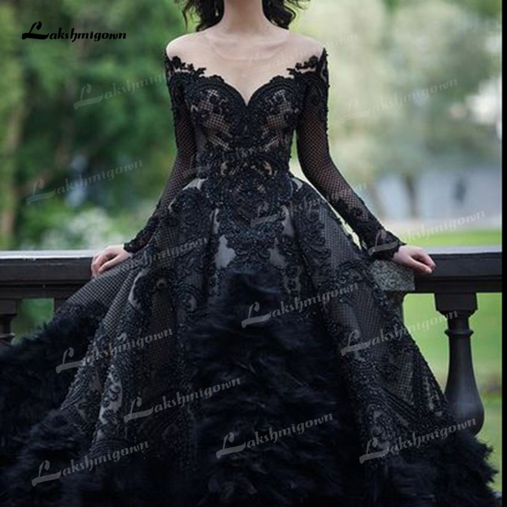Gothic Black A-Line Wedding Dresses Illusion Sexy O-Neck Long Sleeve Court Train Bride Gowns Appliques Feathers Beading Tulle