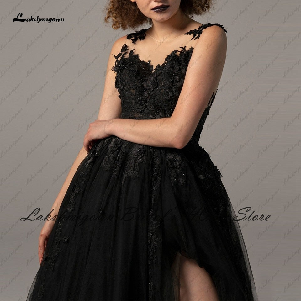 Lakshmigown Gothic Black Wedding Dress 2022 Sexy Bridal Robe Lace Flowers Backless Wedding Gowns Side Split Trouwjurk Plus Size