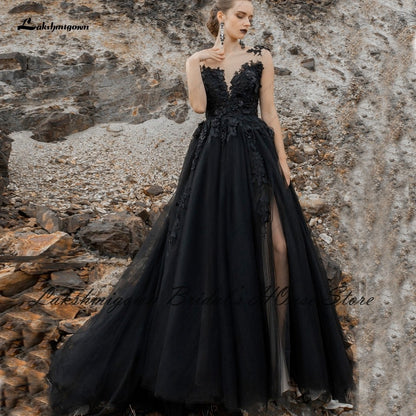 Lakshmigown Gothic Black Wedding Dress 2022 Sexy Bridal Robe Lace Flowers Backless Wedding Gowns Side Split Trouwjurk Plus Size - ROYCEBRIDAL OFFICIAL STORE