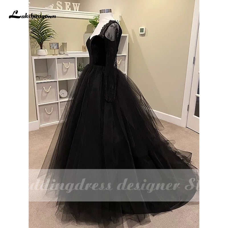 Lakshmigown Sexy Lace Black Wedding Dresses with Long Sleeve vestido de novia Boho Gothic Tulle Wedding Gown Outdoor Country - ROYCEBRIDAL OFFICIAL STORE