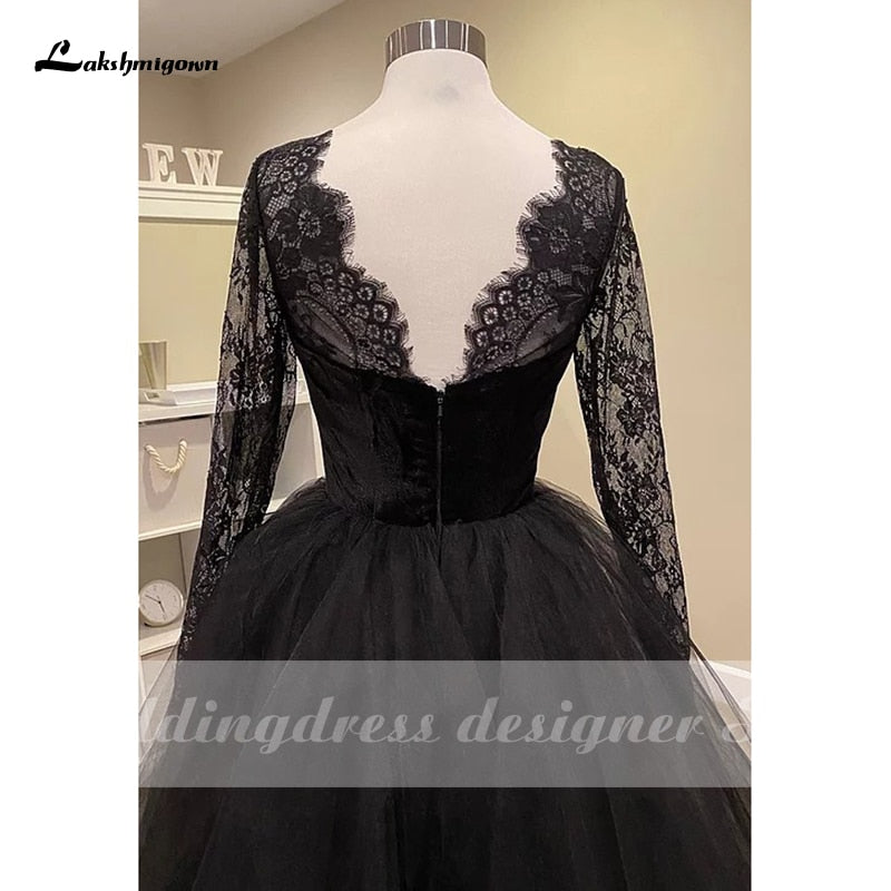 Lakshmigown Sexy Lace Black Wedding Dresses with Long Sleeve vestido de novia Boho Gothic Tulle Wedding Gown Outdoor Country