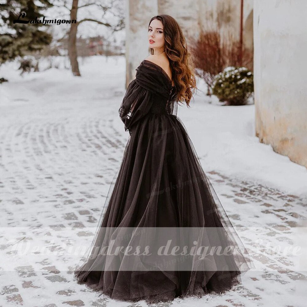 Black Lace Beaded Gothic Wedding Dresses With Sheer Off Shoulder Overskirt,  Feather Embellishments, And Long Sleeves A Line Gothic Bridal Gown Style De  2184 From E_cigarette2019, $572.2 | DHgate.Com